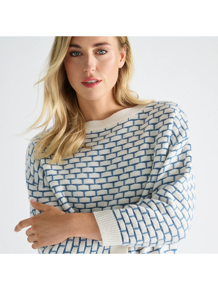 Cream en jeans pull met bakstenen motief Marie Méro 