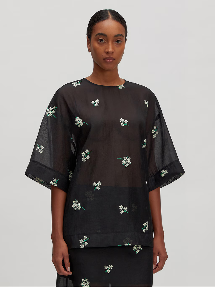 Zwarte doorschijnende blouse met bloemetjesprint Catherine Edited