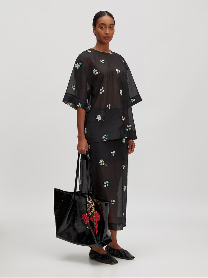 Zwarte lang rok met broderie van bloemen Angely Edited