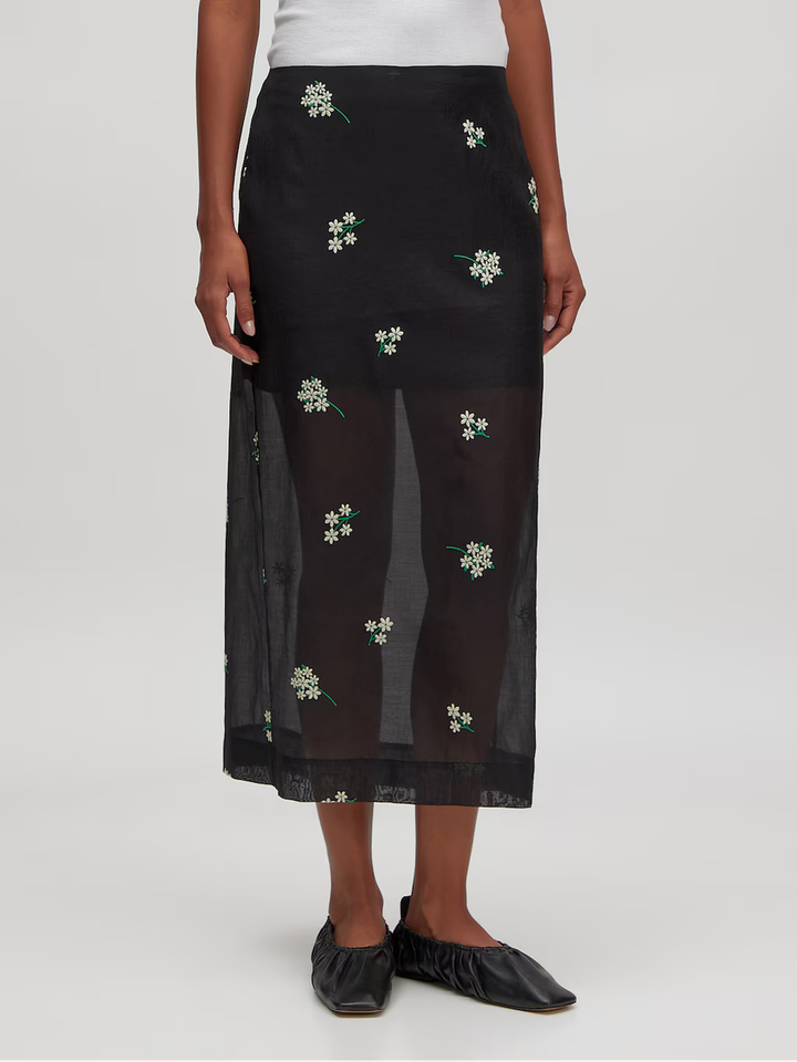 Zwarte lang rok met broderie van bloemen Angely Edited