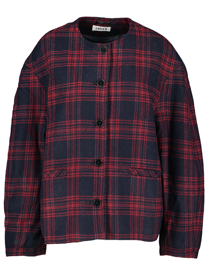 Blauwe oversized korte mantel met rood ruit patroon Aino Edited 