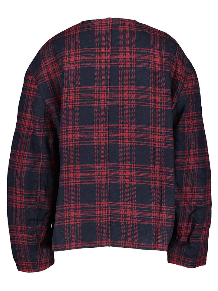 Blauwe oversized korte mantel met rood ruit patroon Aino Edited 