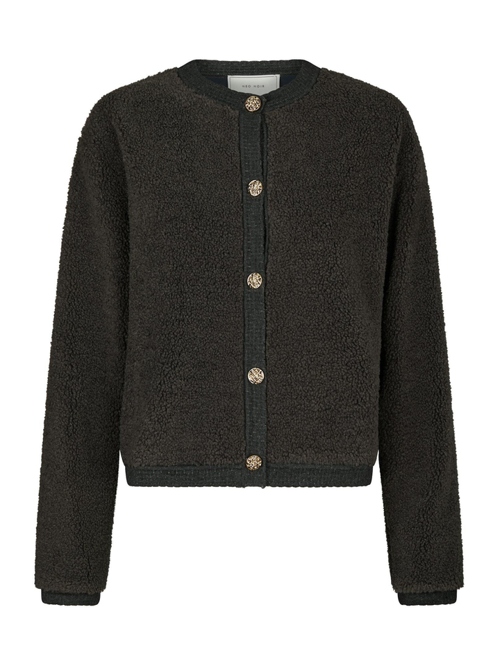 Antraciet kleurige teddy gilet met goudkleurige detailknopen Limo Neo Noir