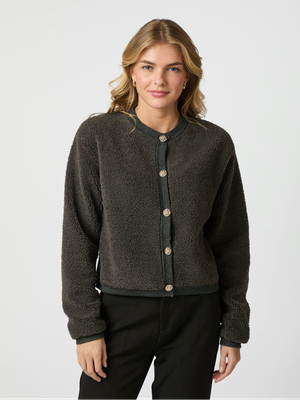 Antraciet kleurige teddy gilet met goudkleurige detailknopen Limo Neo Noir