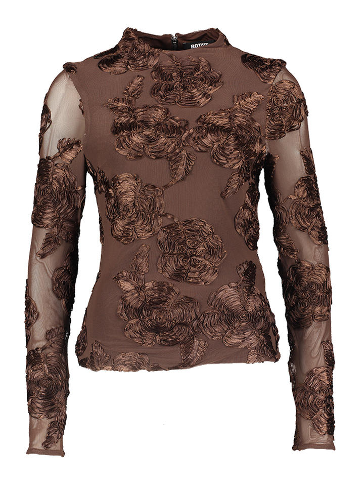 Donkerbruine blouse met bloemendetail Rotate 