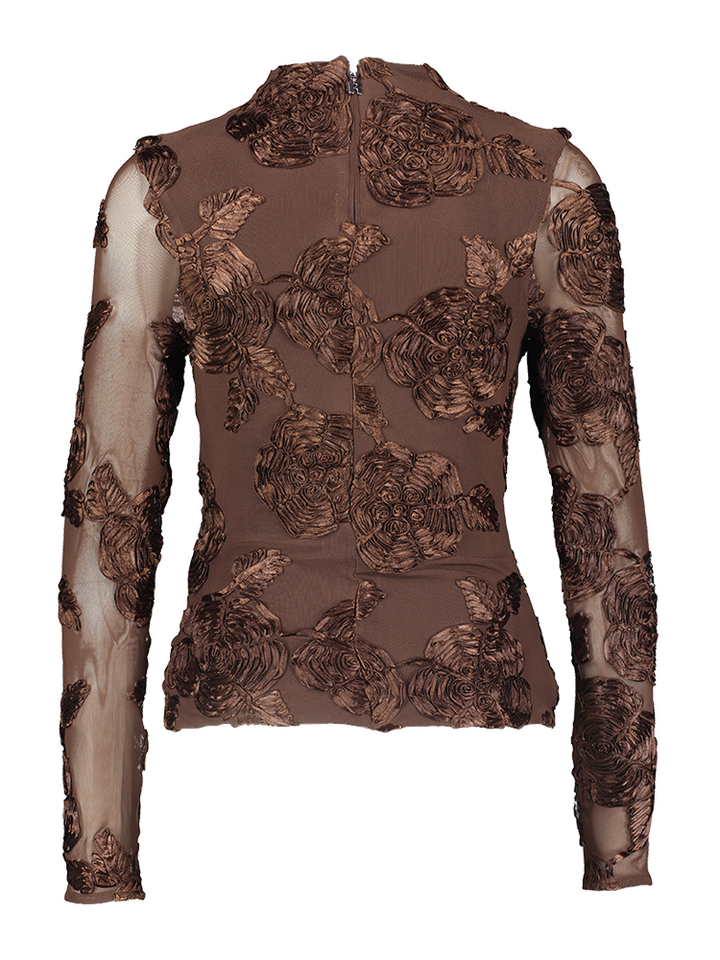 Donkerbruine blouse met bloemendetail Rotate 