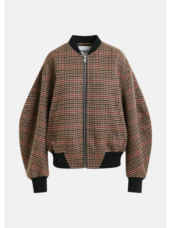 Bruin, rood en zwart geruit bomberjack in wol Iti Essentiel 