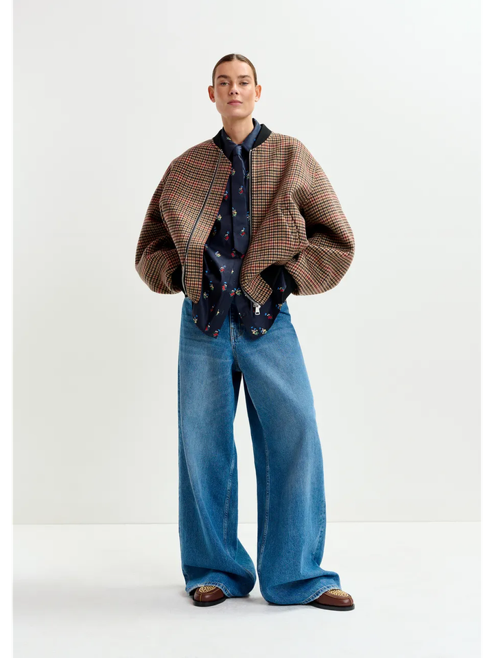 Bruin, rood en zwart geruit bomberjack in wol Iti Essentiel 