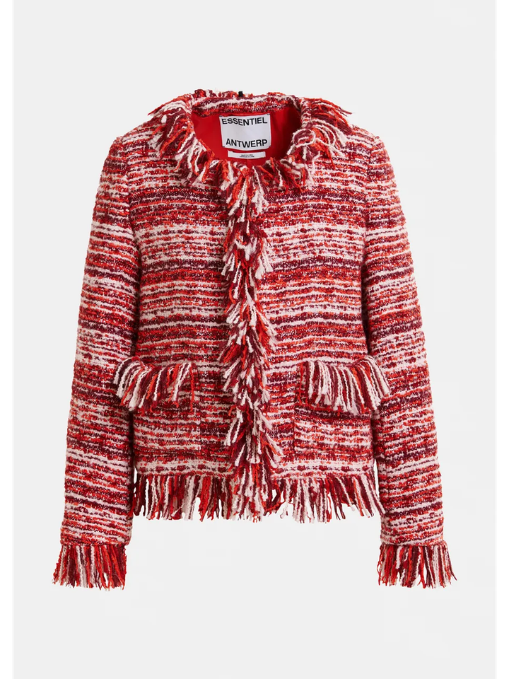 Donkerrood, rood en wit boucléjasje van wolmix met franjes Iskra Essentiel
