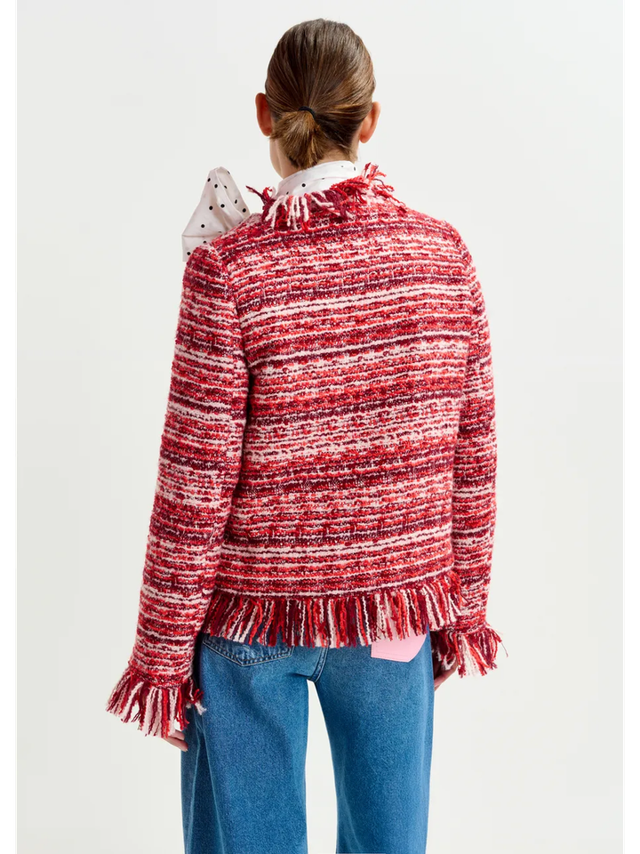 Donkerrood, rood en wit boucléjasje van wolmix met franjes Iskra Essentiel
