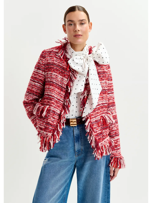 Donkerrood, rood en wit boucléjasje van wolmix met franjes Iskra Essentiel