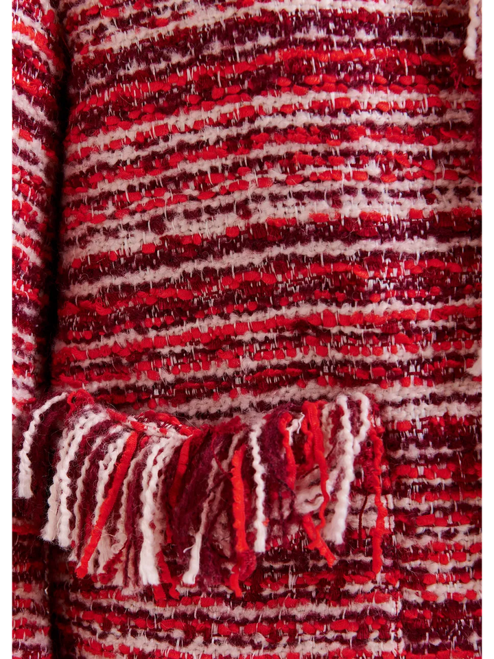 Donkerrood, rood en wit boucléjasje van wolmix met franjes Iskra Essentiel