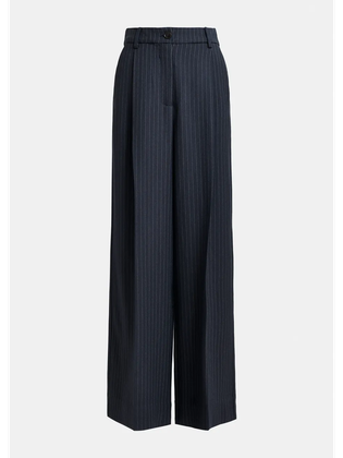 Essentiel Donkerblauwe en witte broek met krijtstreep en wijde pijpen Invest