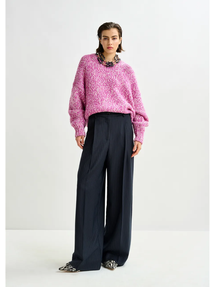 Donkerblauwe en witte broek met krijtstreep en wijde pijpen Invest Essentiel 