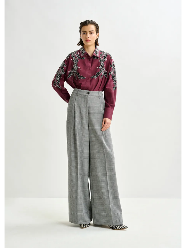 Grijze en zwarte geruite broek met wijde pijpen Invest Essentiel 