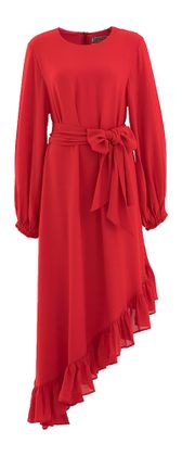 Essentiel Rode asymmetrische maxi-jurk met ruchezoom en lint Iflower