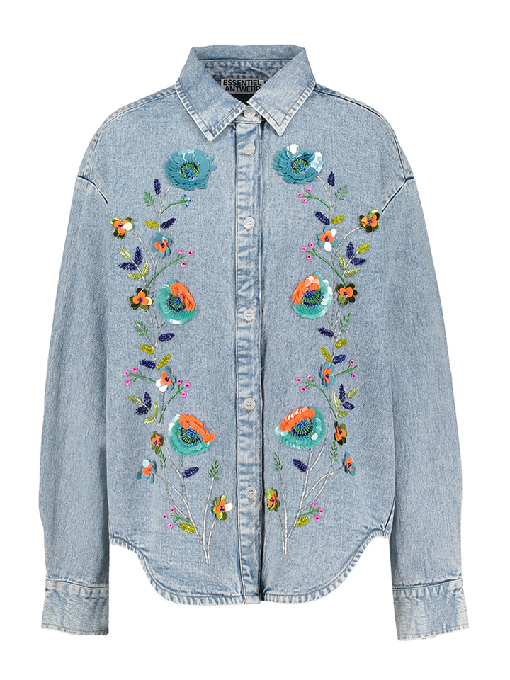 Blauwe jeansblouse met multicolor bloemendetails Icksonville Essentiel 