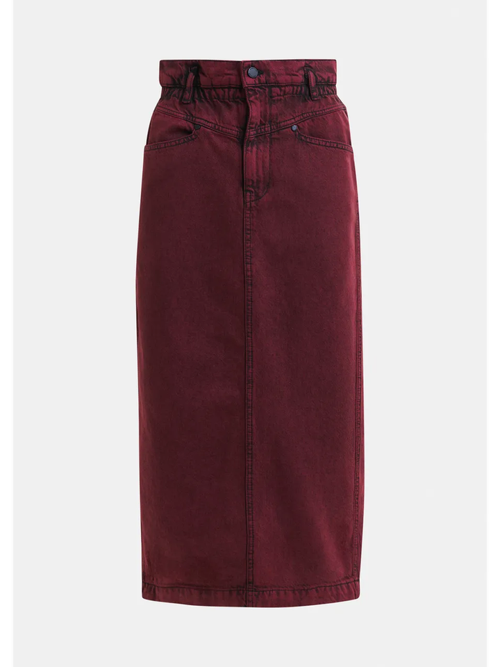 Overdyed bordeauxrode midirok met paperbag taille Inclusive Essentiel 