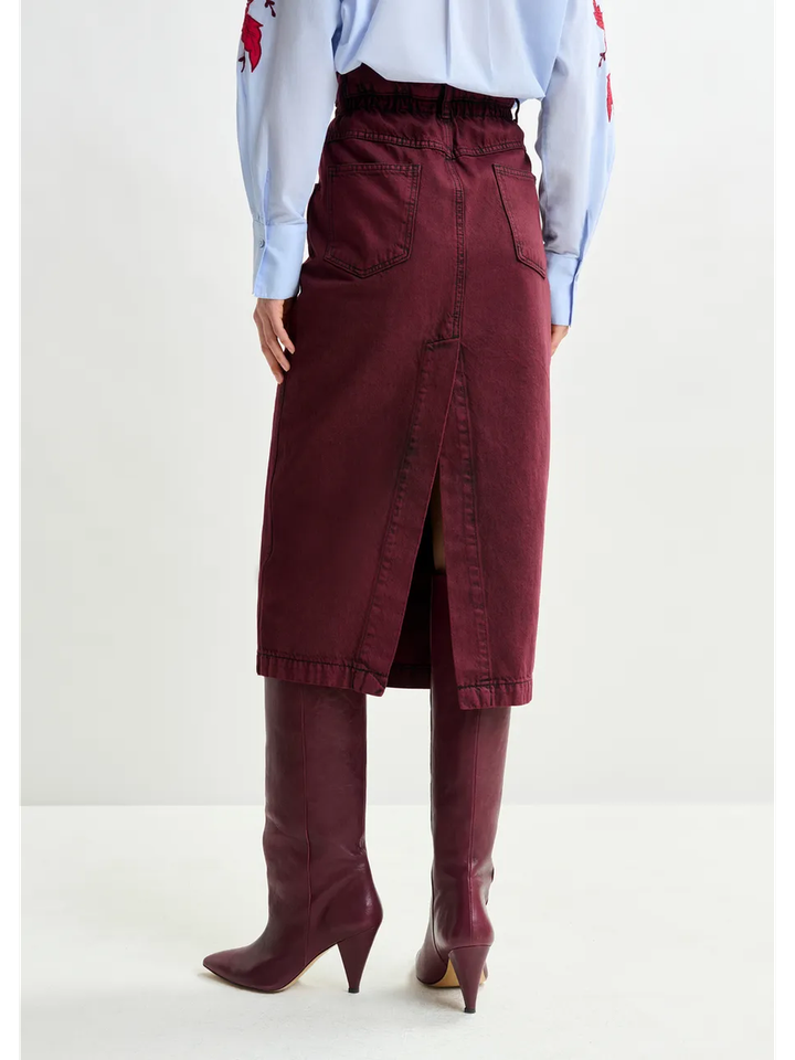 Overdyed bordeauxrode midirok met paperbag taille Inclusive Essentiel 