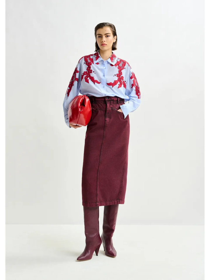 Overdyed bordeauxrode midirok met paperbag taille Inclusive Essentiel 