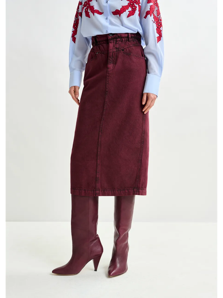 Overdyed bordeauxrode midirok met paperbag taille Inclusive Essentiel 
