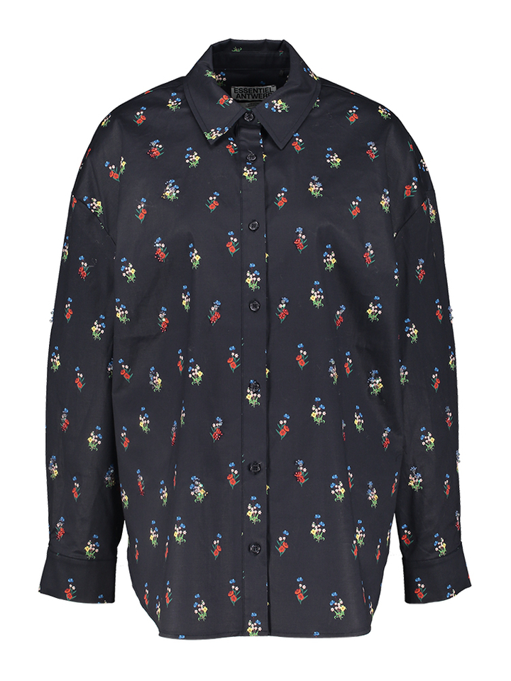 Overhemd van katoenmix met bloemenprint in donkerblauw, rood en lichtblauw
