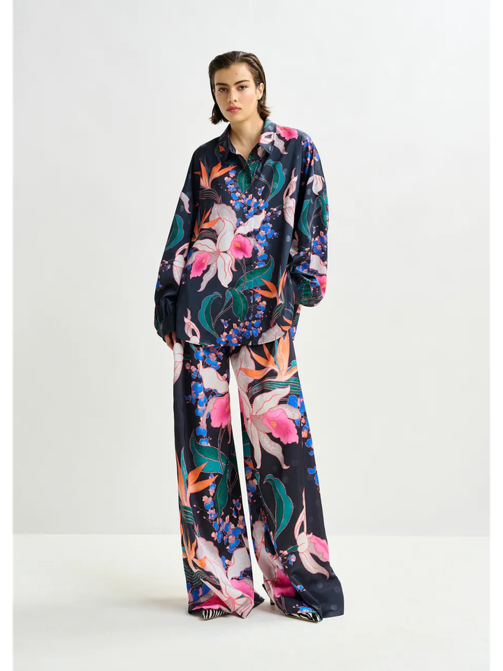 Zwarte brede broek met veelkleurige bloemenprint Ipants Essentiel 