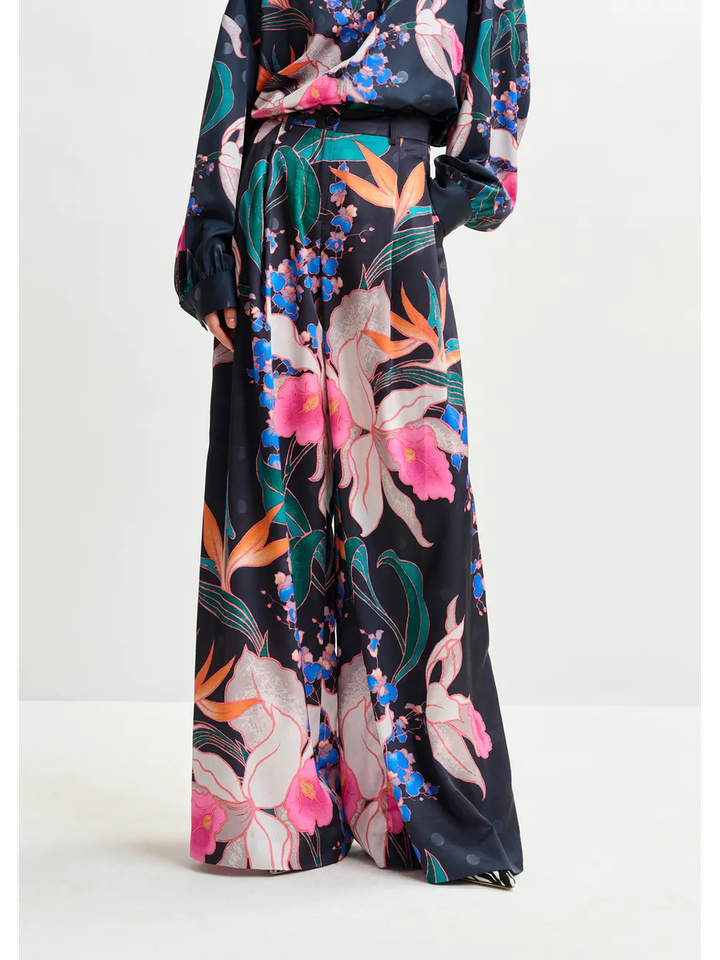 Zwarte brede broek met veelkleurige bloemenprint Ipants Essentiel 