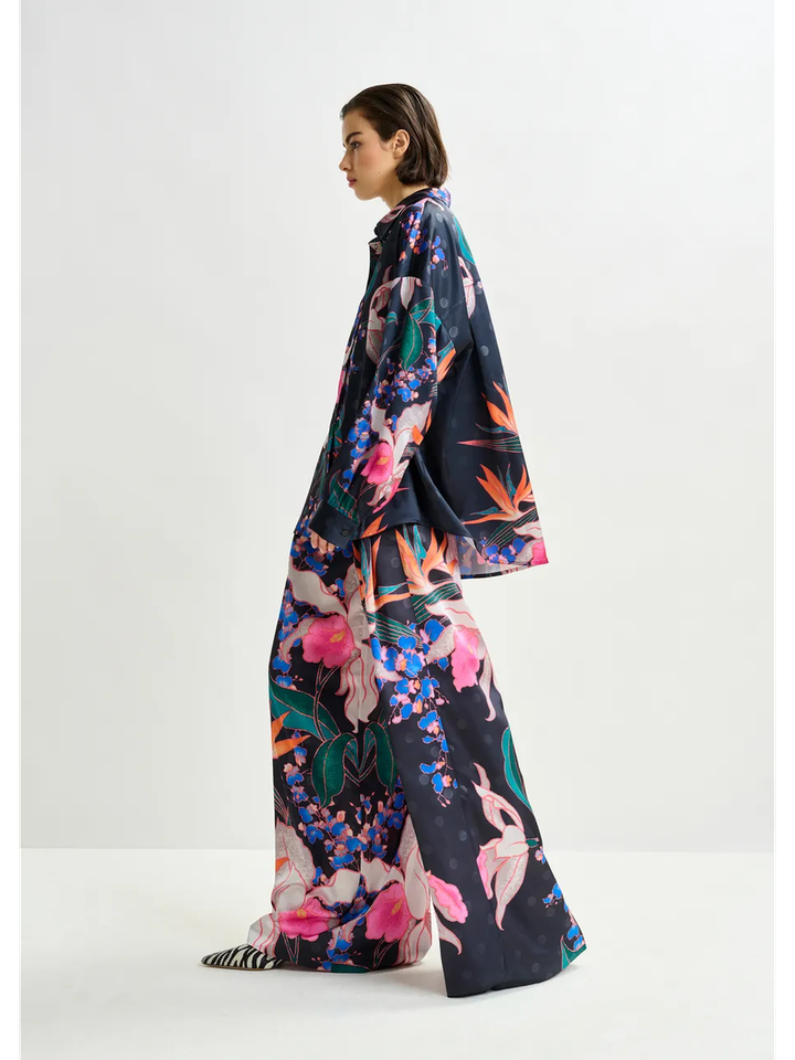 Zwarte brede broek met veelkleurige bloemenprint Ipants Essentiel 