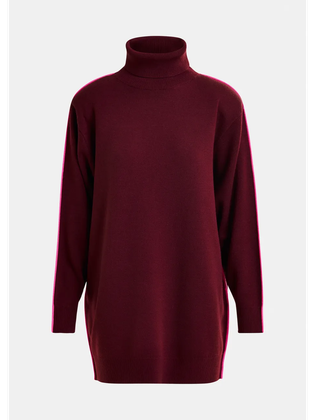 Essentiel Bordeaux en roze wolmix mini-jurk met rolkraag en contraststreep Idress