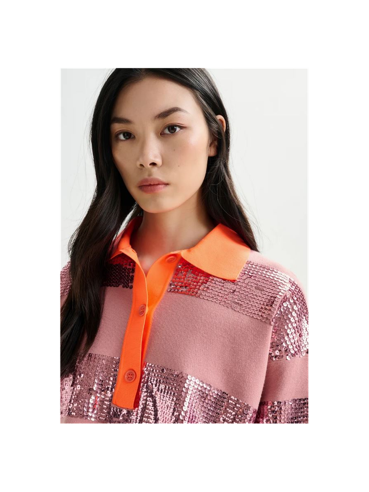 Oudroze en oranje gestreepte polo met pailletten Illuminati Essentiel