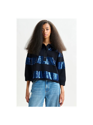 Marineblauwe en blauwe gestreepte polo met pailletten Illuminati Essentiel