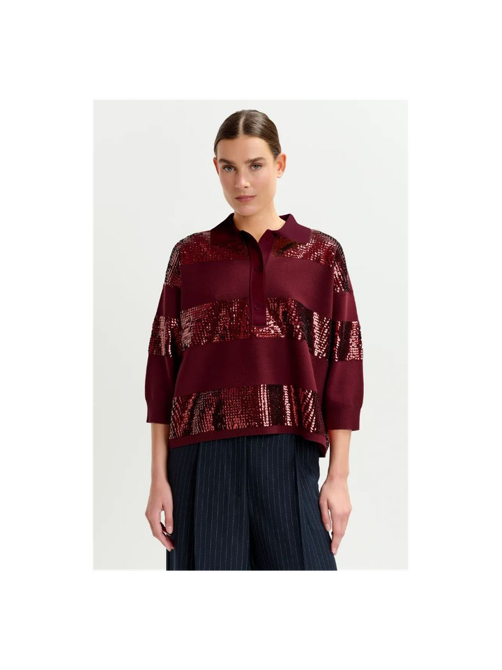 Bordeaux gestreepte polo met pailletten Illuminati Essentiel