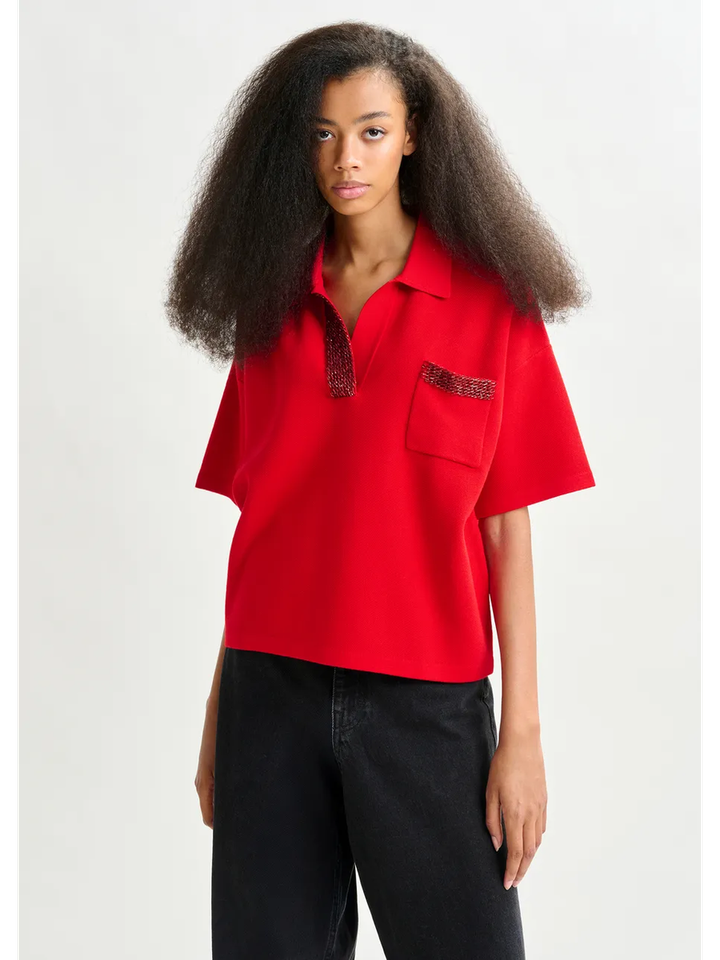 Rode polo met sierkraag International Essentiel