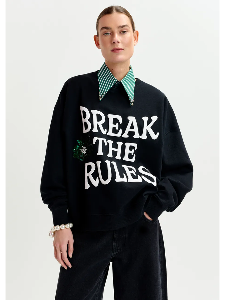 Zwarte en witte sweater met groene pailletten Ixperience Essentiel