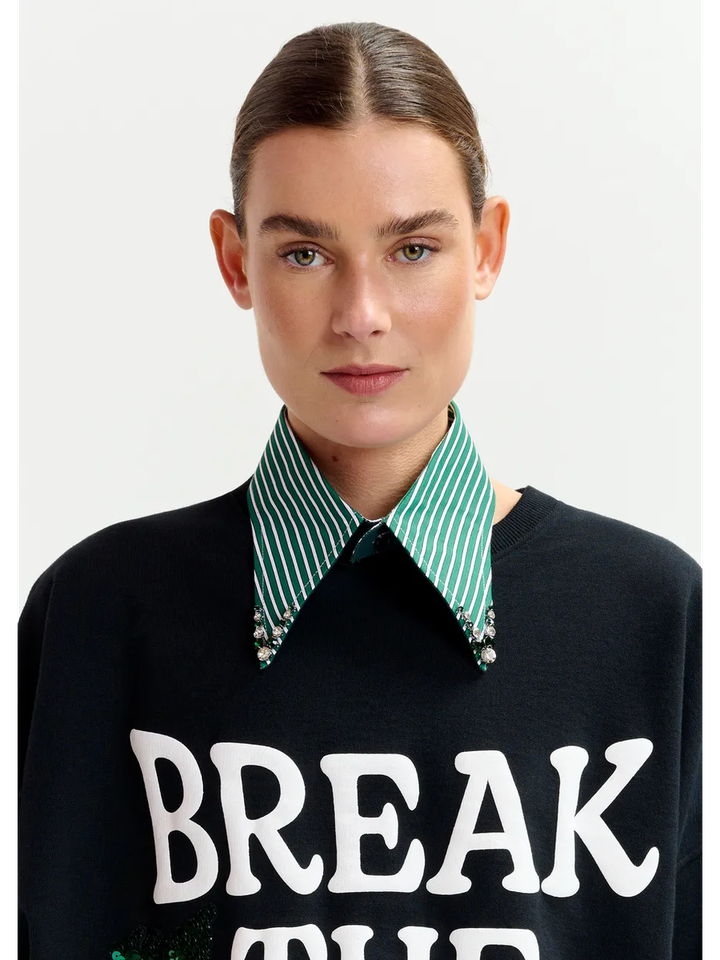 Zwarte en witte sweater met groene pailletten Ixperience Essentiel