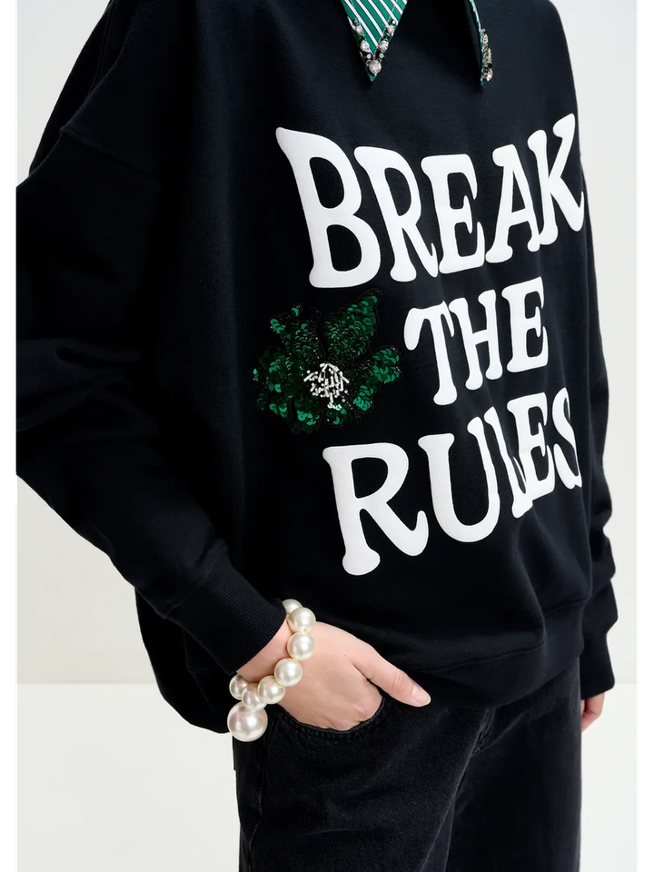 Zwarte en witte sweater met groene pailletten Ixperience Essentiel