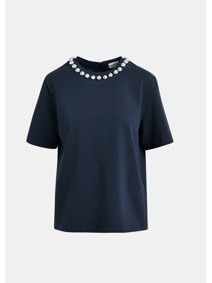 Marineblauw katoenen T-shirt met zilveren kralen Intenso Essentiel