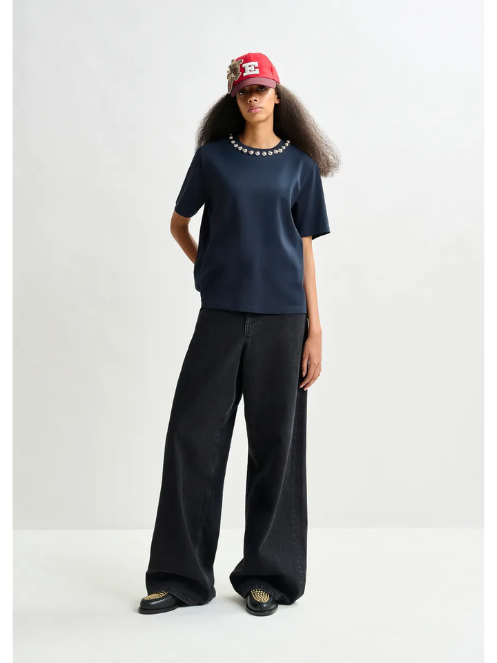 Marineblauw katoenen T-shirt met zilveren kralen Intenso Essentiel