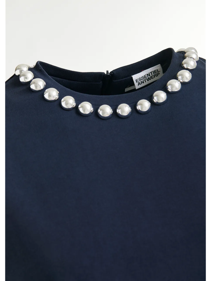 Marineblauw katoenen T-shirt met zilveren kralen Intenso Essentiel