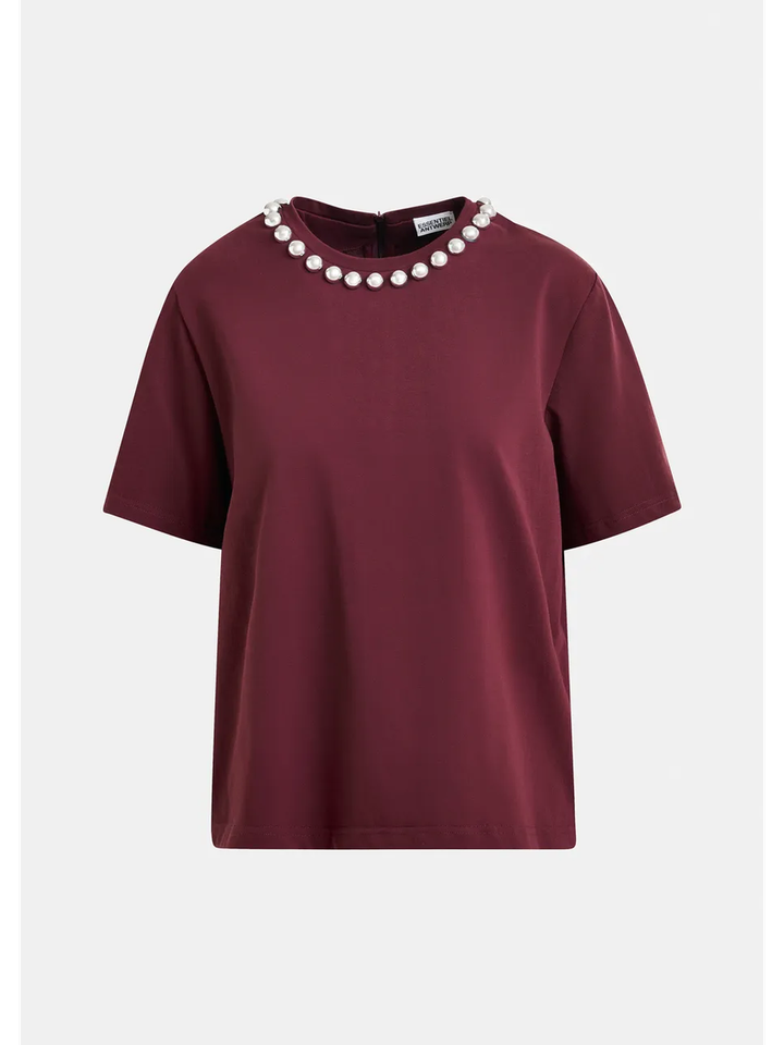 Bordeaux katoenen T-shirt met zilveren kralen Intenso Essentiel 