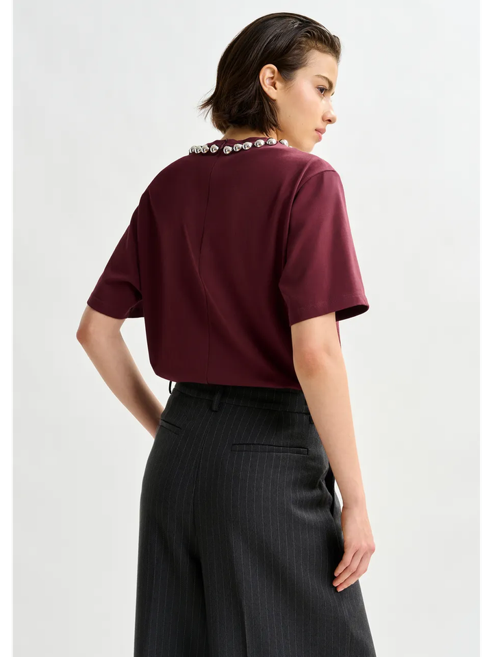 Bordeaux katoenen T-shirt met zilveren kralen Intenso Essentiel 