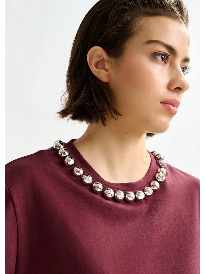Bordeaux katoenen T-shirt met zilveren kralen Intenso Essentiel 