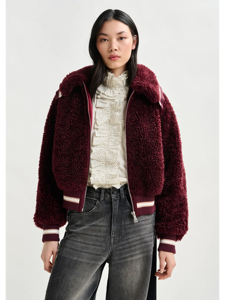 Burgundy en witte oversized teddy bomber jacket Iwill Essentiel 