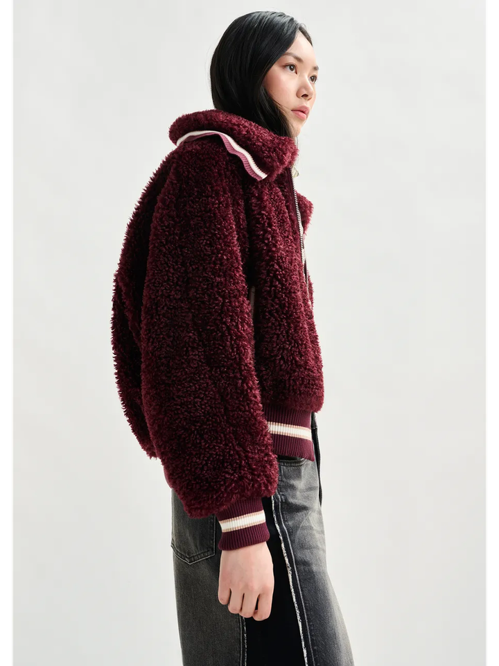 Burgundy en witte oversized teddy bomber jacket Iwill Essentiel 