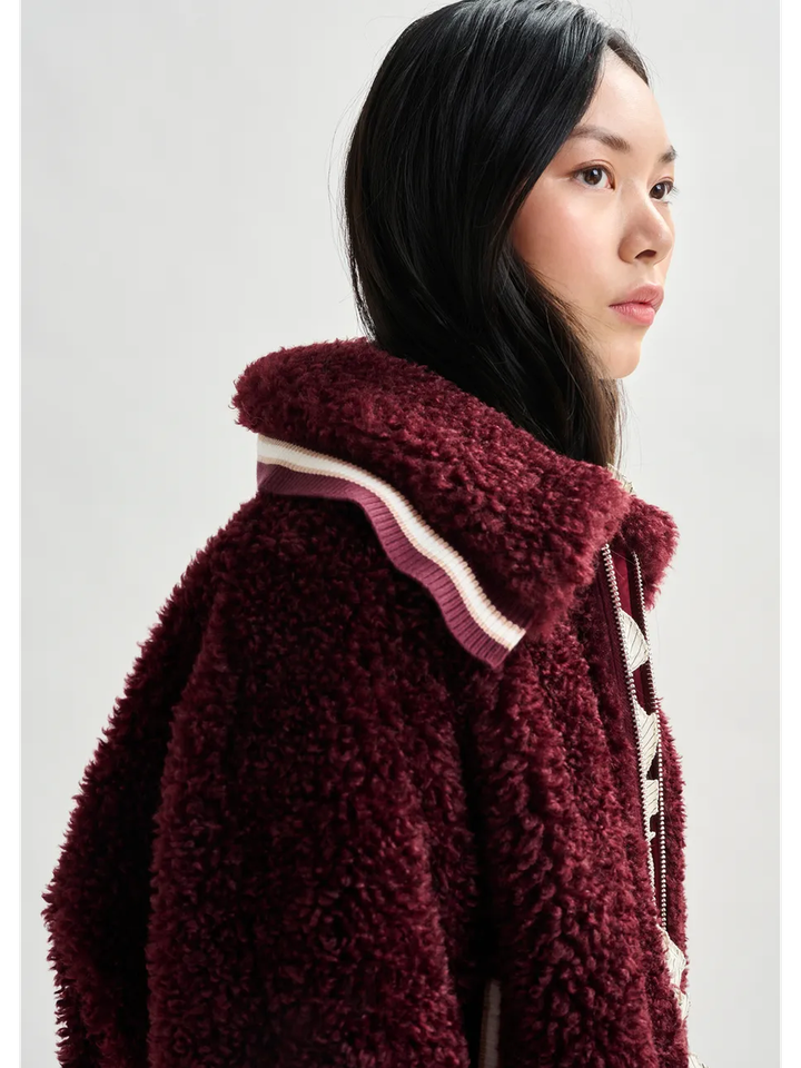 Burgundy en witte oversized teddy bomber jacket Iwill Essentiel 