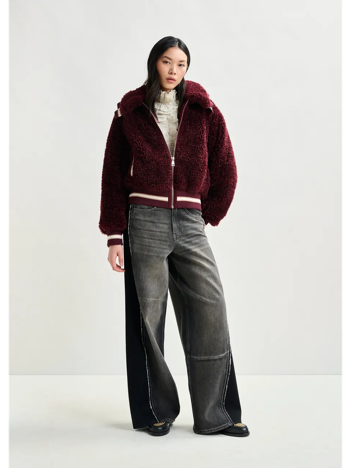 Burgundy en witte oversized teddy bomber jacket Iwill Essentiel 