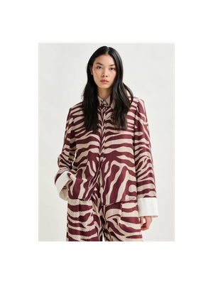 Gebroken wit en bordeaux zebra jacquard overhemd met strasknoop Ishow Essentiel