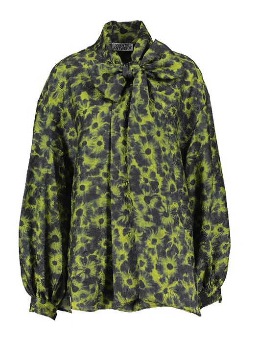 Kaki en donkerblauw overhemd in bloemenjacquard met strik Illicium Essentiel