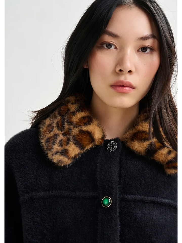 Zwarte cardigan met afneembare faux fur in leopard